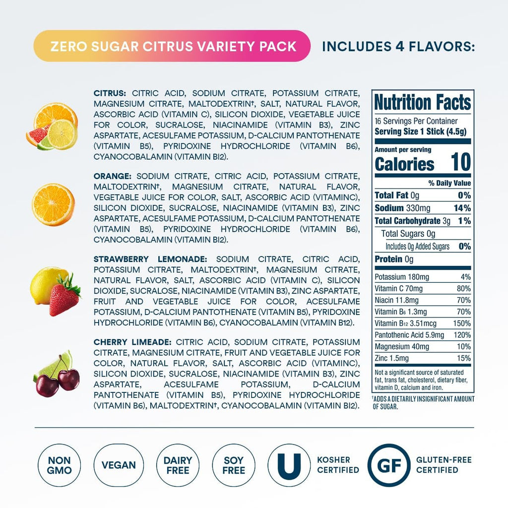 DripDrop Zero Sugar Citrus Variety Pack Electrolyte Powder, 8 oz sticks, 16 count Z9