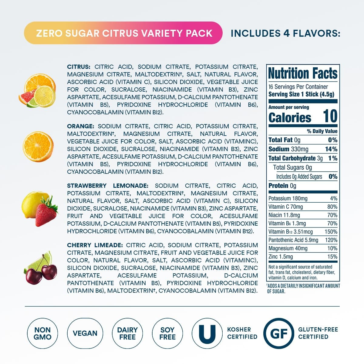DripDrop Zero Sugar Citrus Variety Pack Electrolyte Powder, 8 oz sticks, 16 count Z9