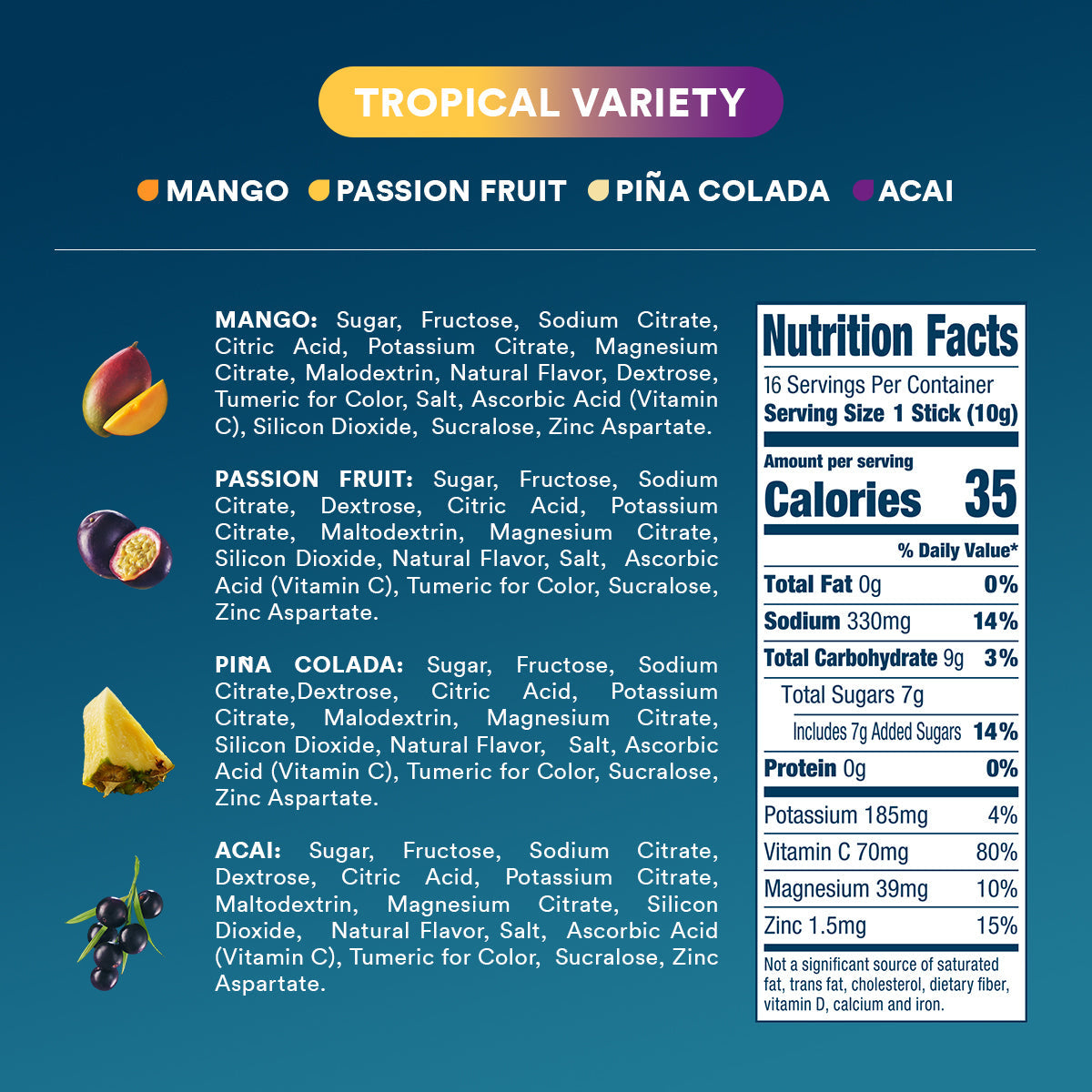 DripDrop Tropical Variety Pack Electrolyte Powder, 8 oz sticks, 16 count N6