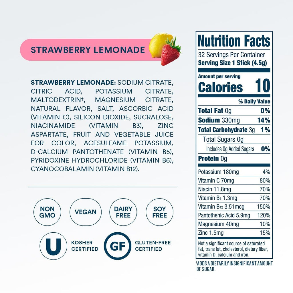 DripDrop Zero Sugar Strawberry Lemonade Electrolyte Powder, 8 oz sticks, 32 count M8