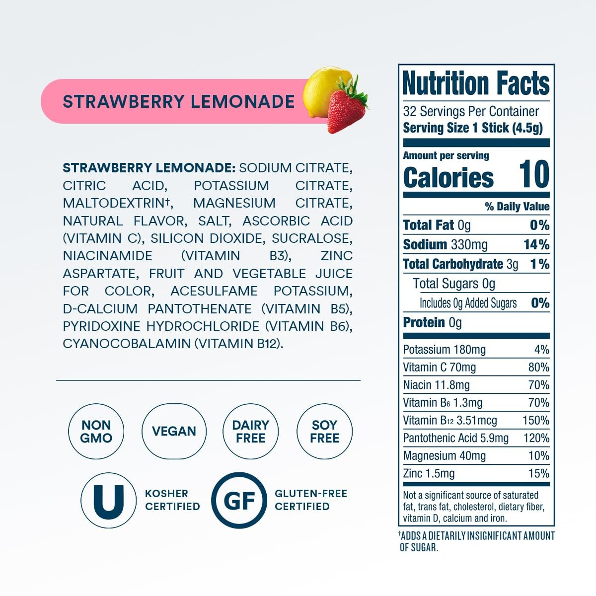 DripDrop Zero Sugar Strawberry Lemonade Electrolyte Powder, 8 oz sticks, 32 count M8