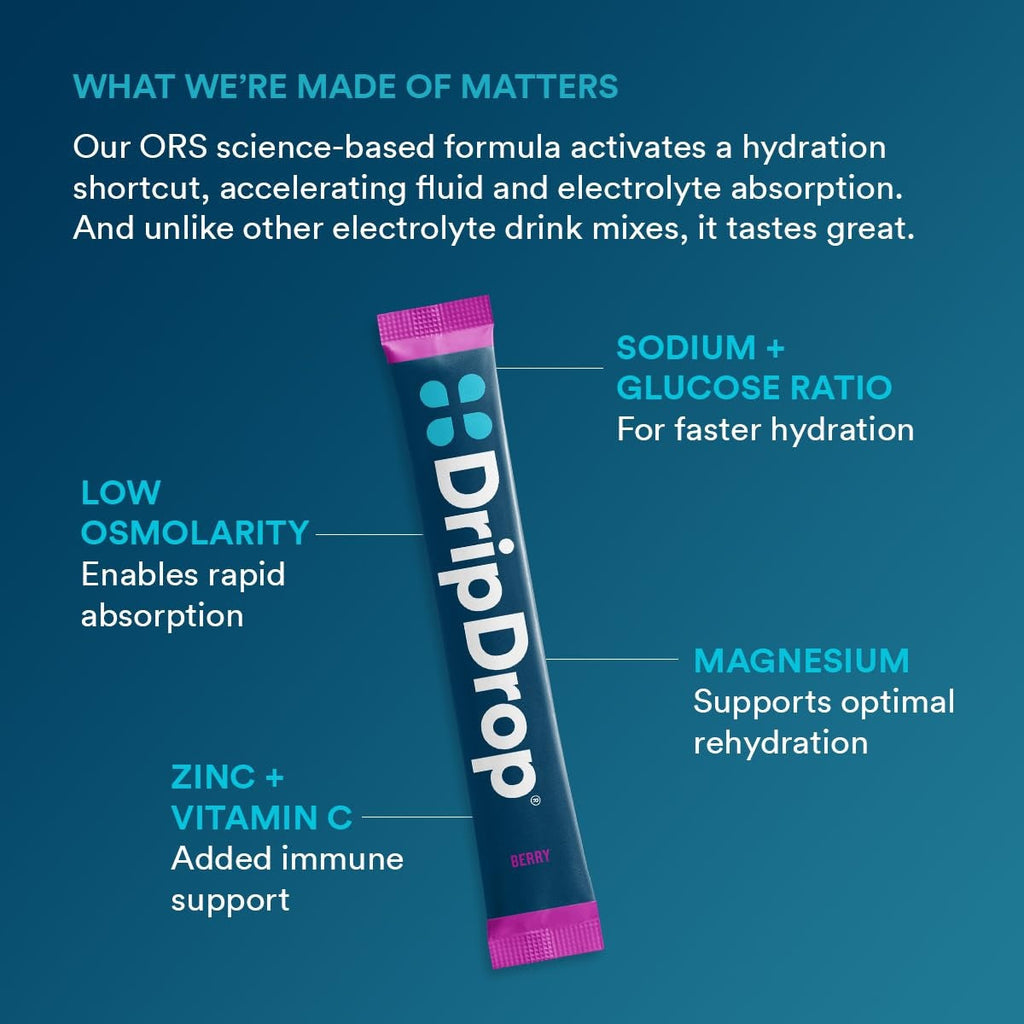 DripDrop Berry Electrolyte Powder, 8 oz sticks, 32 count Q6
