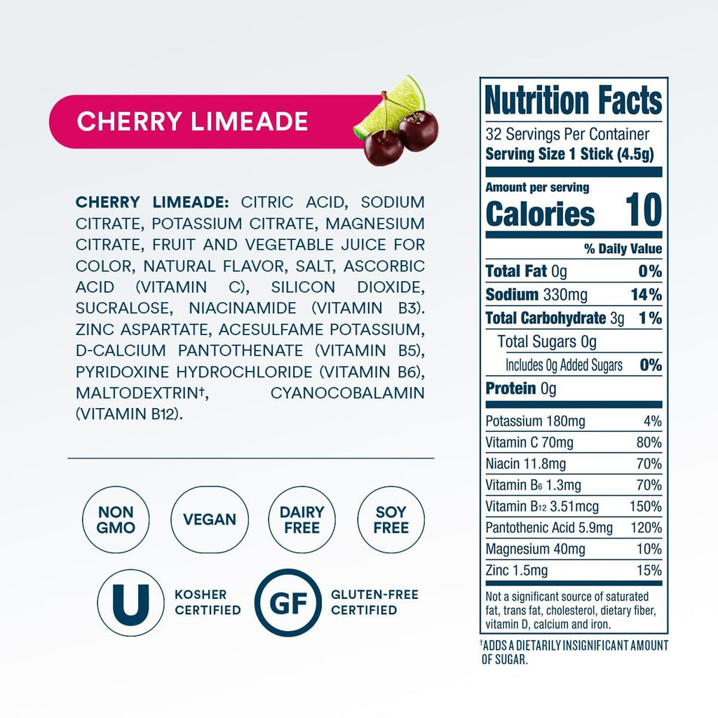 DripDrop Zero Sugar Cherry Limeade Electrolyte Powder, 8 oz sticks, 32 count V9