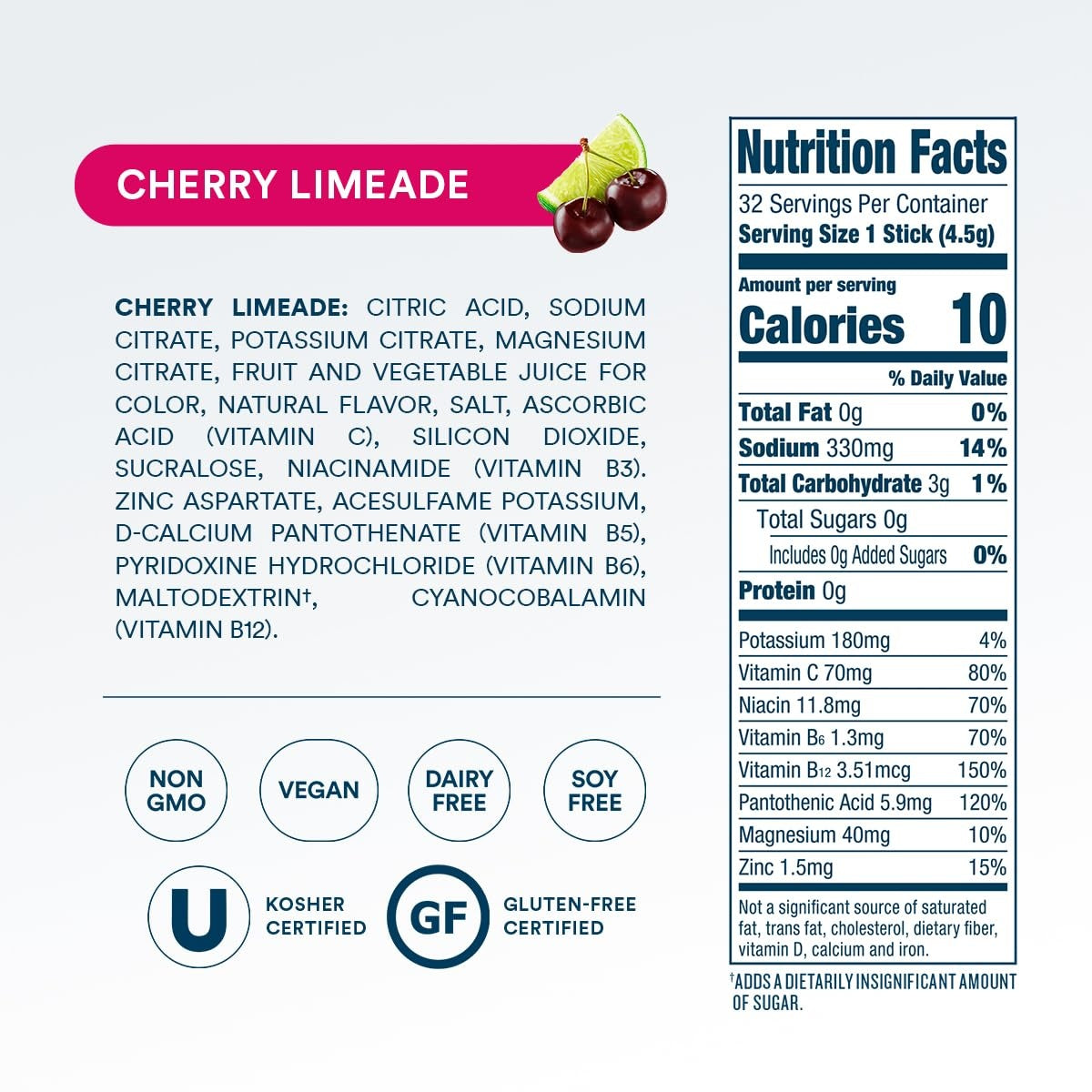DripDrop Zero Sugar Cherry Limeade Electrolyte Powder, 8 oz sticks, 32 count V9