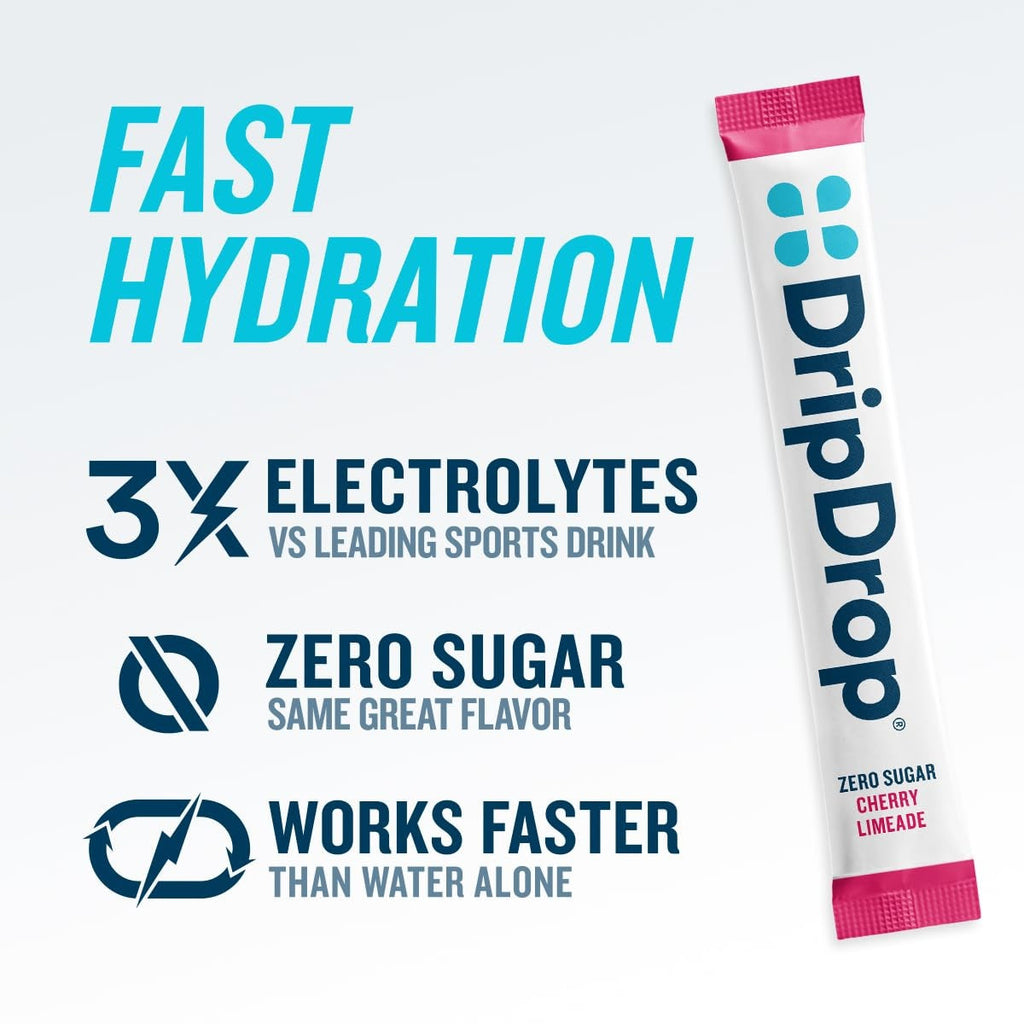 DripDrop Zero Sugar Cherry Limeade Electrolyte Powder, 8 oz sticks, 32 count V9