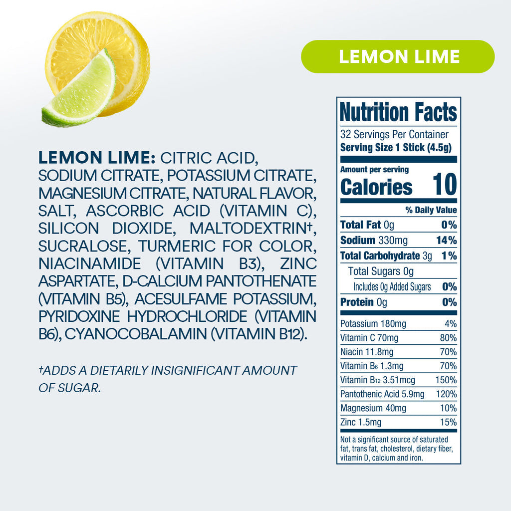 DripDrop Zero Sugar Lemon Lime Electrolyte Powder, 8 oz sticks, 32 count Z5
