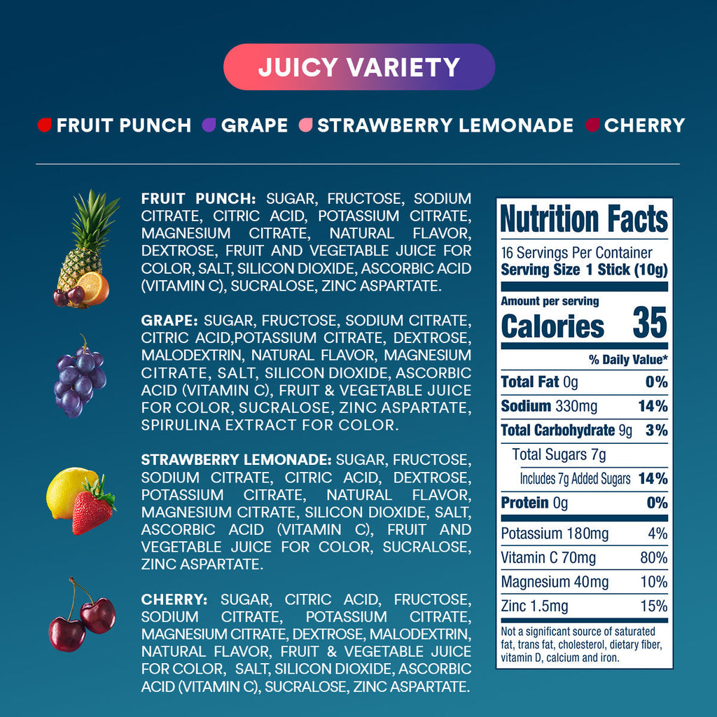 DripDrop Juicy Variety Pack Electrolyte Powder, 8 oz sticks, 16 count H2