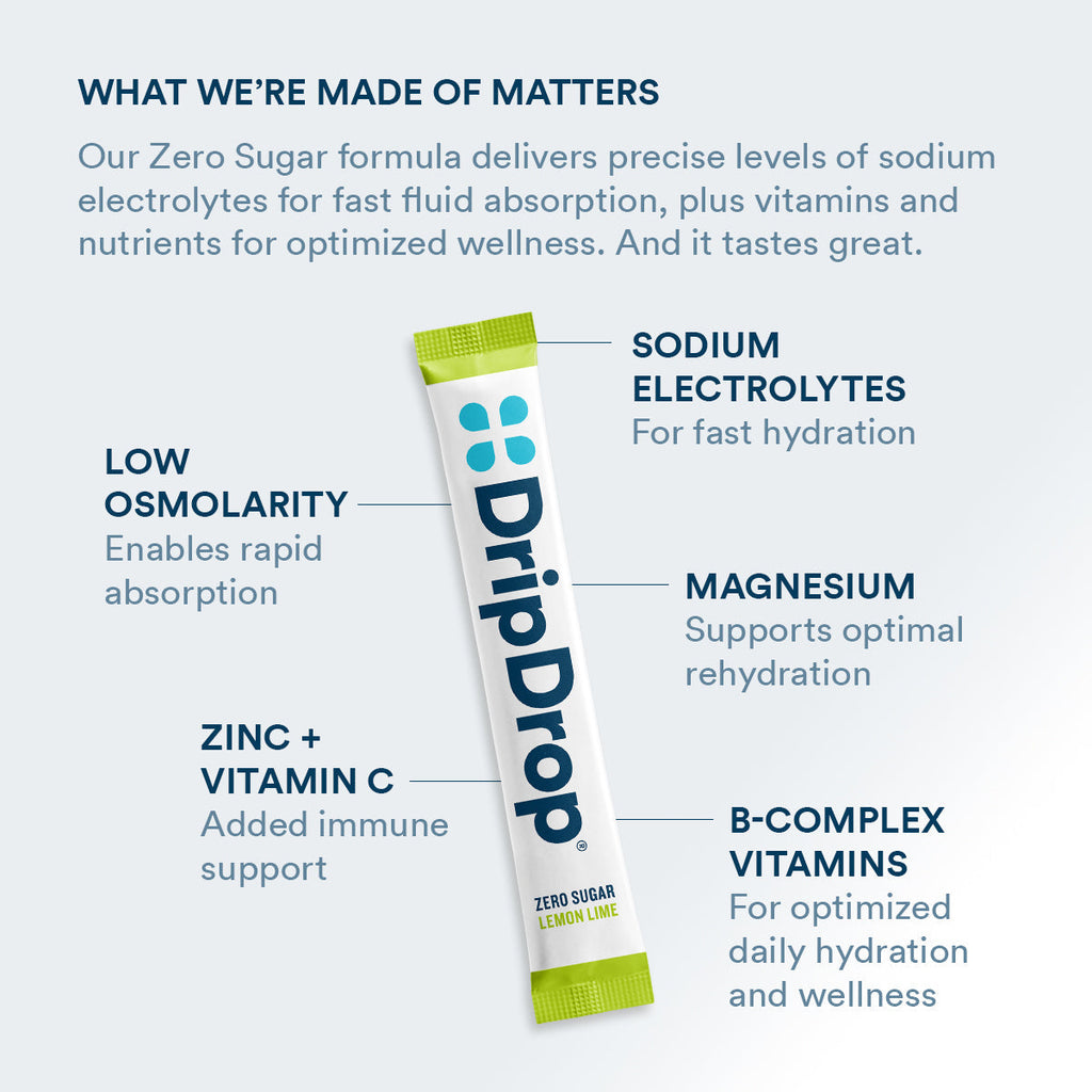 DripDrop Zero Sugar Lemon Lime Electrolyte Powder, 8 oz sticks, 32 count Z5