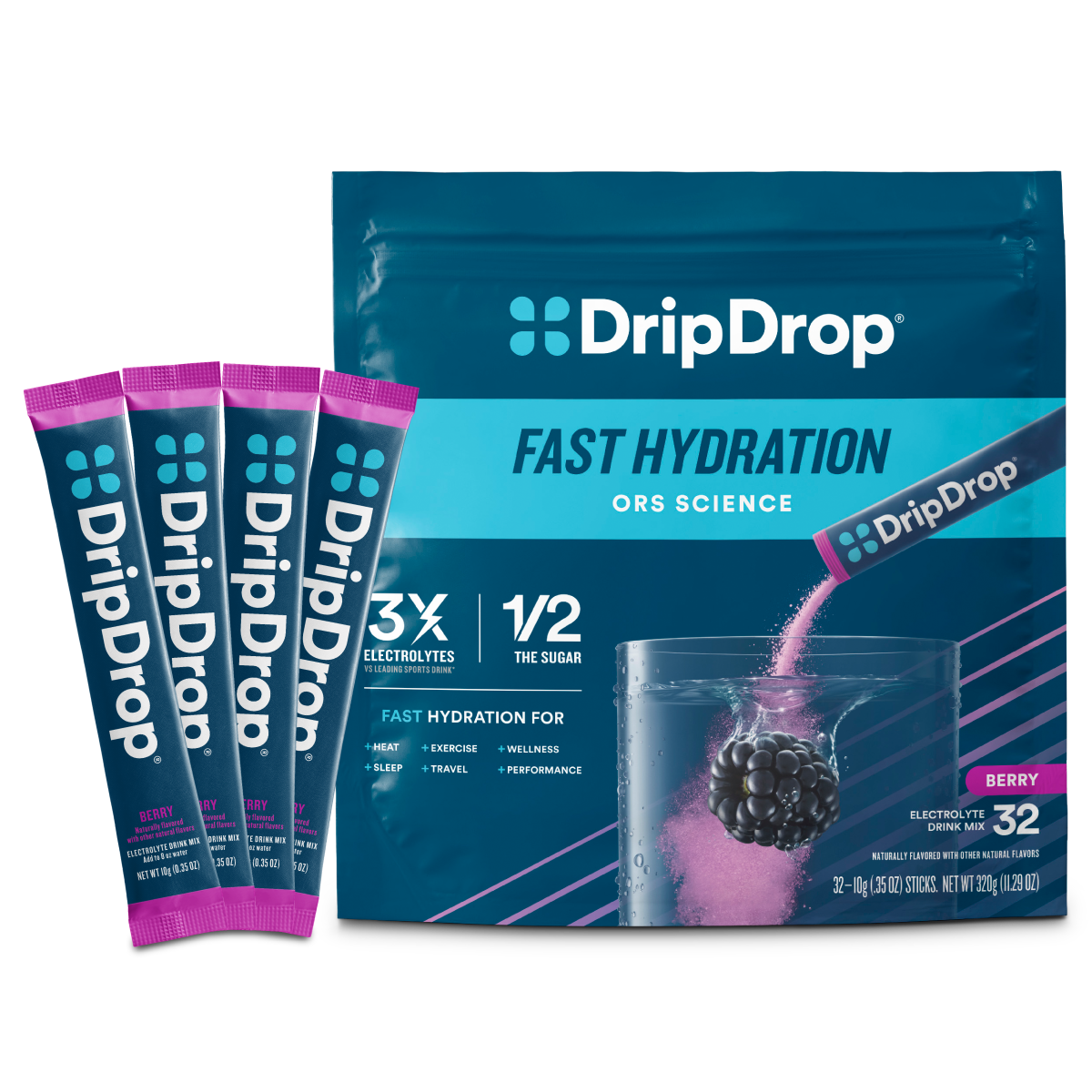 DripDrop Berry Electrolyte Powder, 8 oz sticks, 32 count Q6