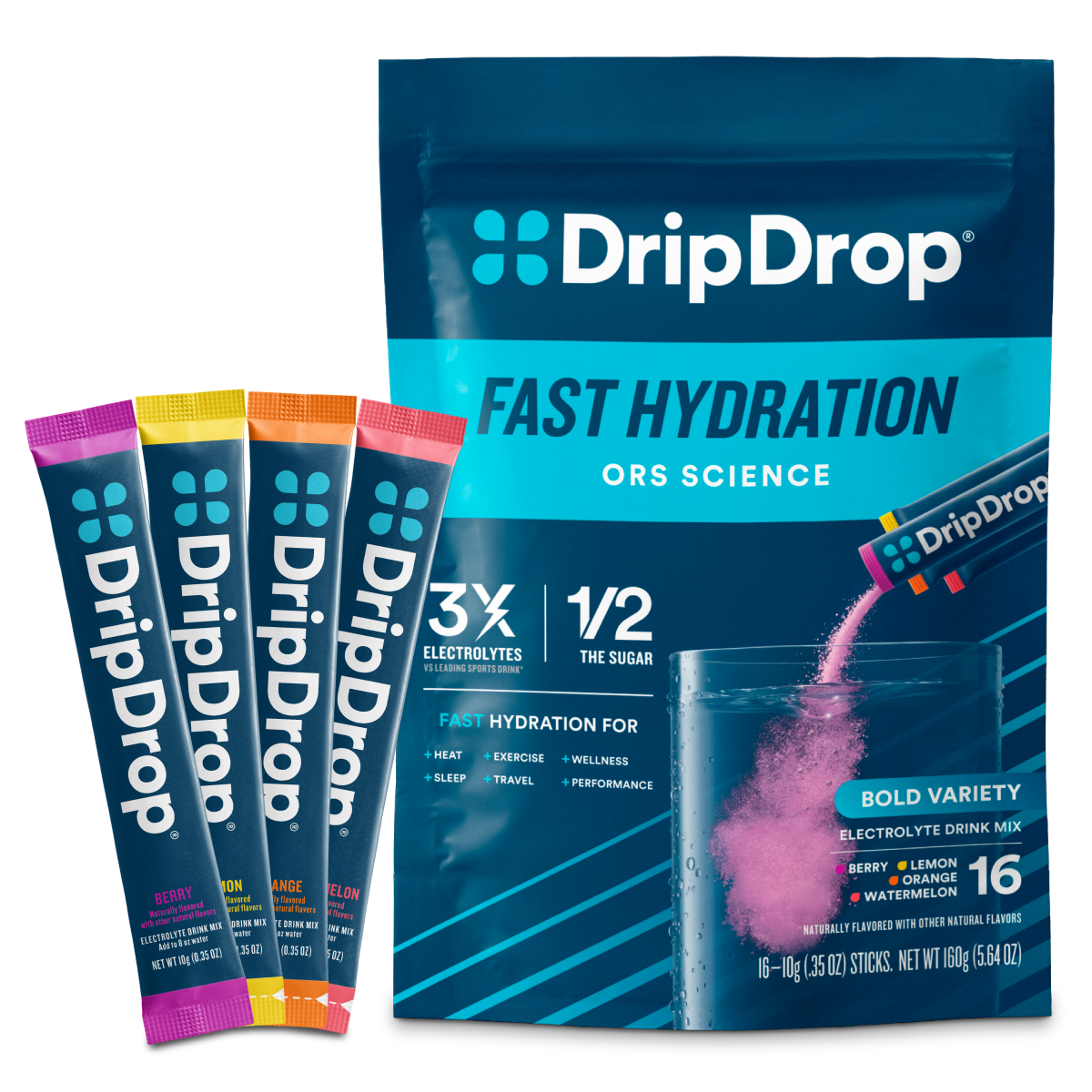 DripDrop Bold Variety Pack Electrolyte Powder, 8 oz sticks, 16 count O3