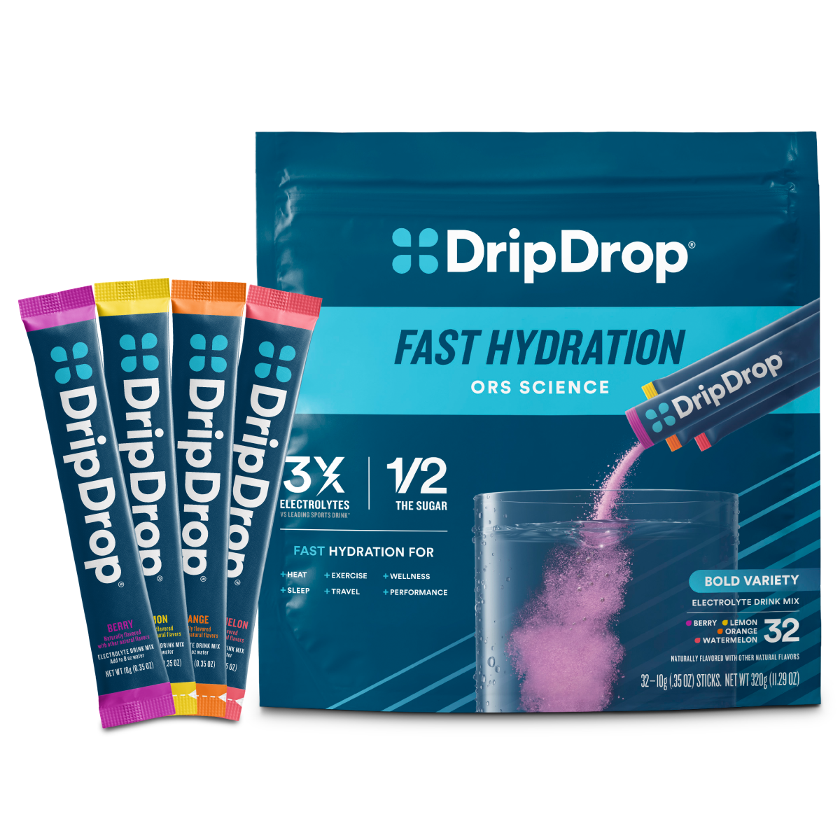 DripDrop Bold Variety Pack Electrolyte Powder, 8 oz sticks, 32 count O6
