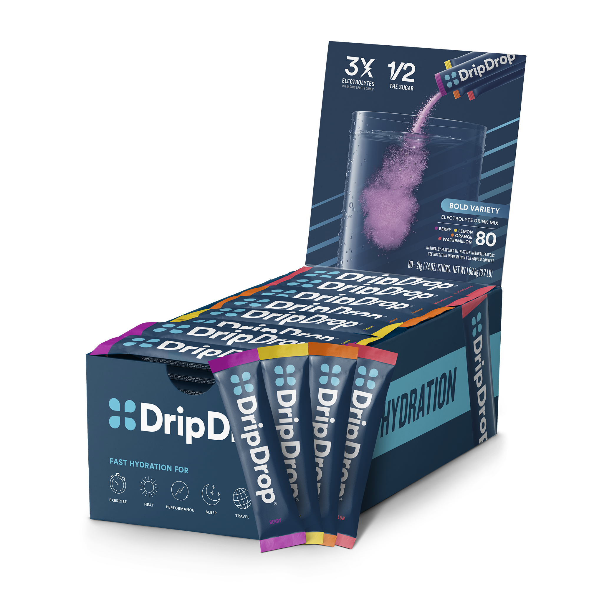 DripDrop Bold Variety Pack Electrolyte Powder, 16 oz sticks, 80 count J7