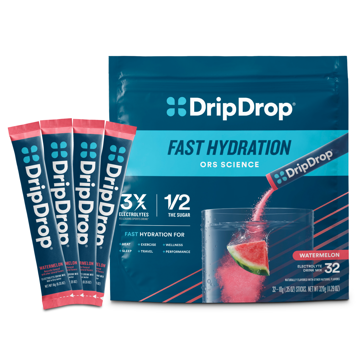 DripDrop Watermelon Electrolyte Powder, 8 oz sticks, 32 count I6