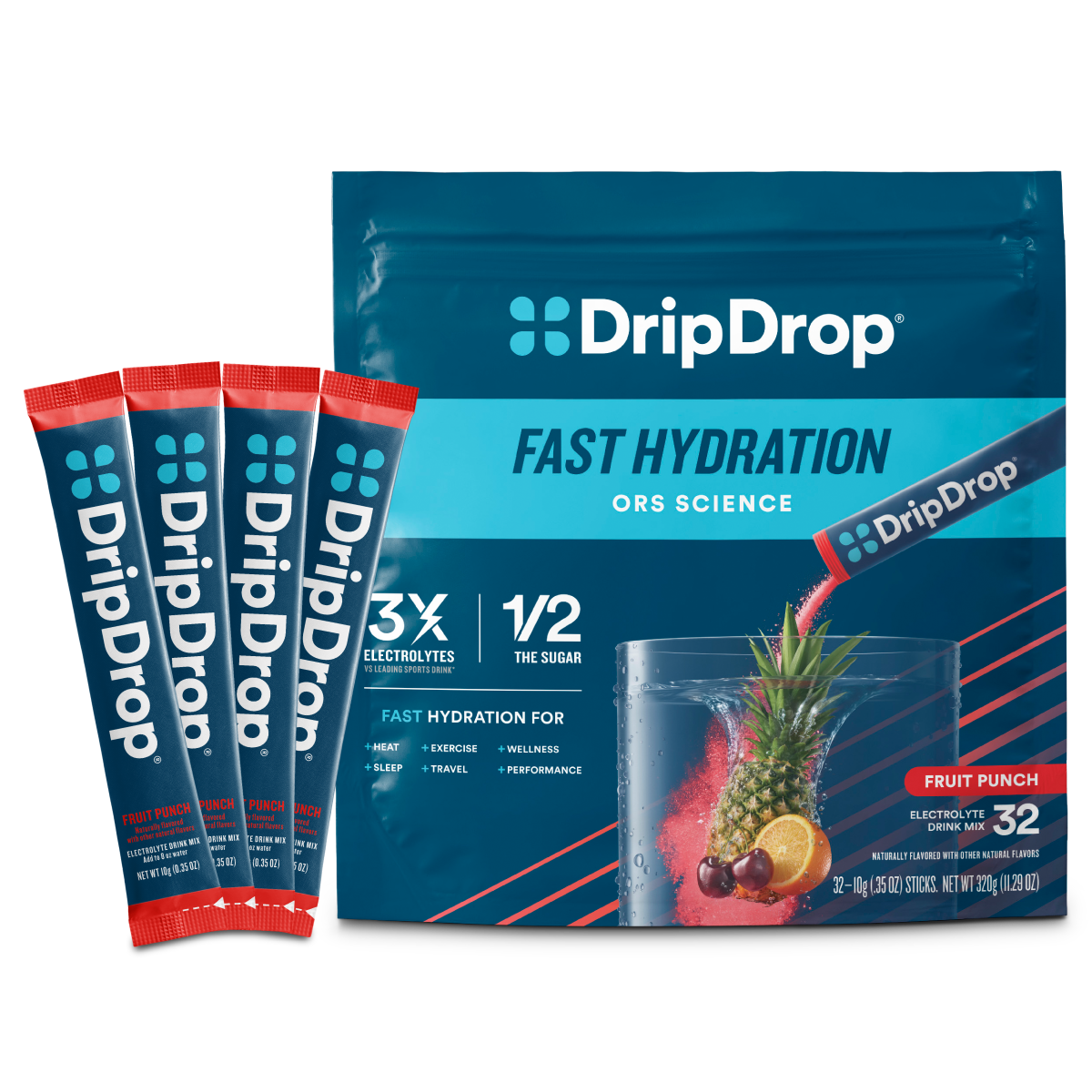 DripDrop Fruit Punch Electrolyte Powder, 8 oz sticks, 32 count T8