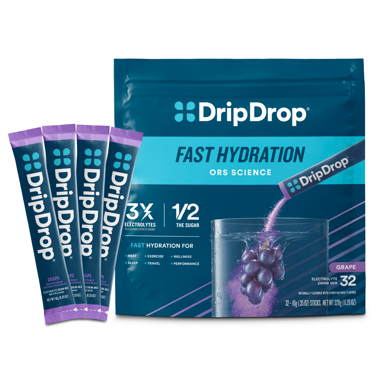 DripDrop Grape Electrolyte Powder, 8 oz sticks, 32 count N1