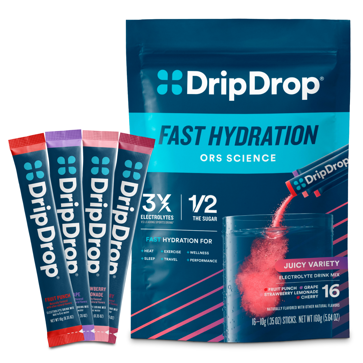 DripDrop Juicy Variety Pack Electrolyte Powder, 8 oz sticks, 16 count H2