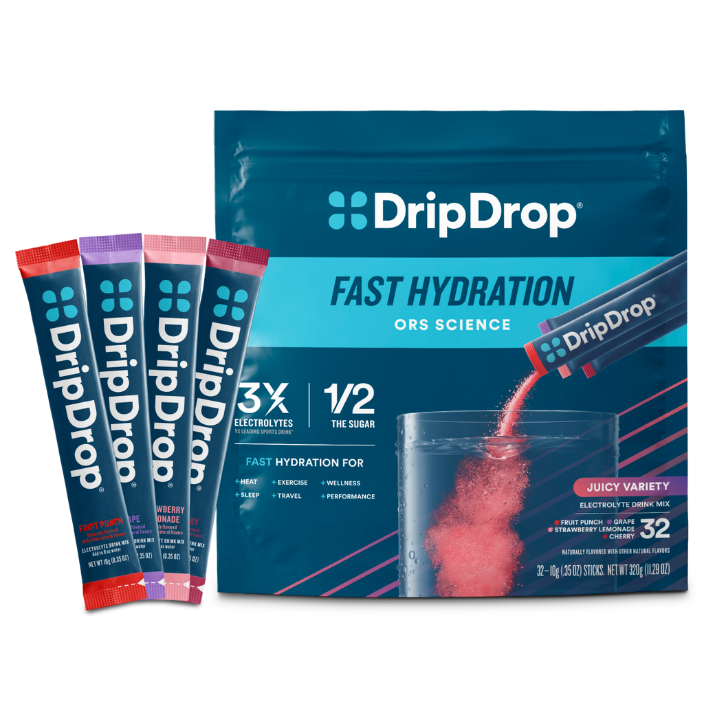 DripDrop Juicy Variety Pack Electrolyte Powder, 8 oz sticks, 32 count I2