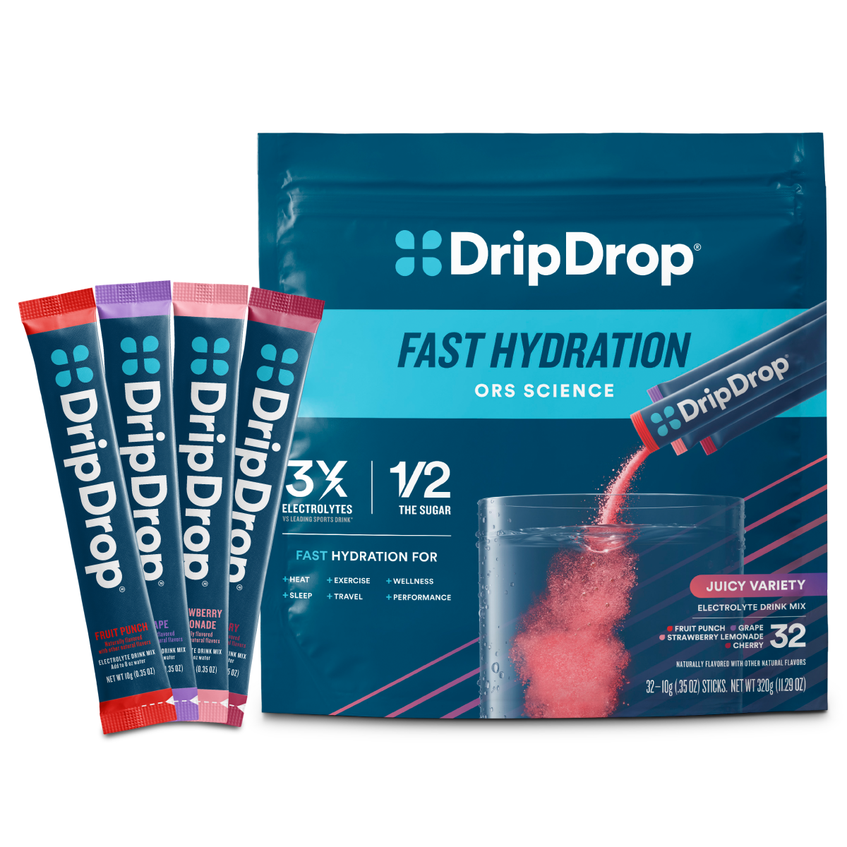DripDrop Juicy Variety Pack Electrolyte Powder, 8 oz sticks, 32 count I2