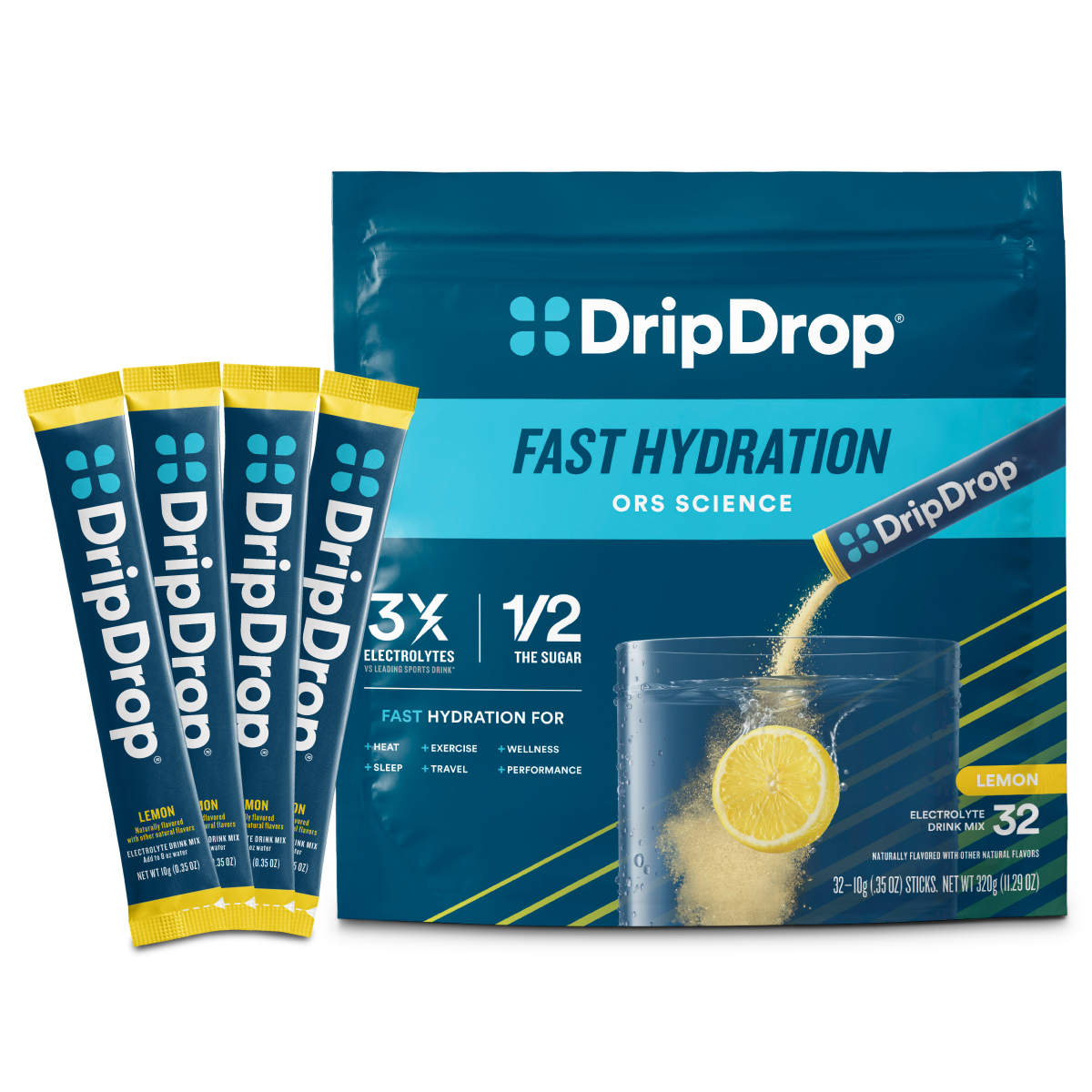 DripDrop Lemon Electrolyte Powder, 8 oz sticks, 32 count Y8