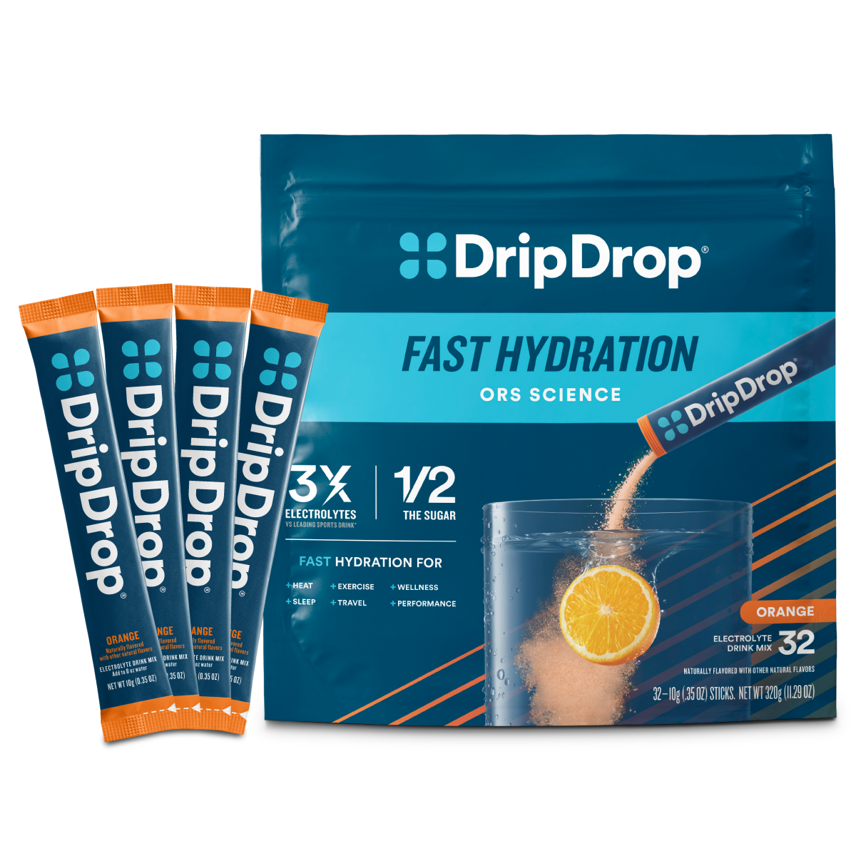 DripDrop Orange Electrolyte Powder, 8 oz sticks, 32 count X9