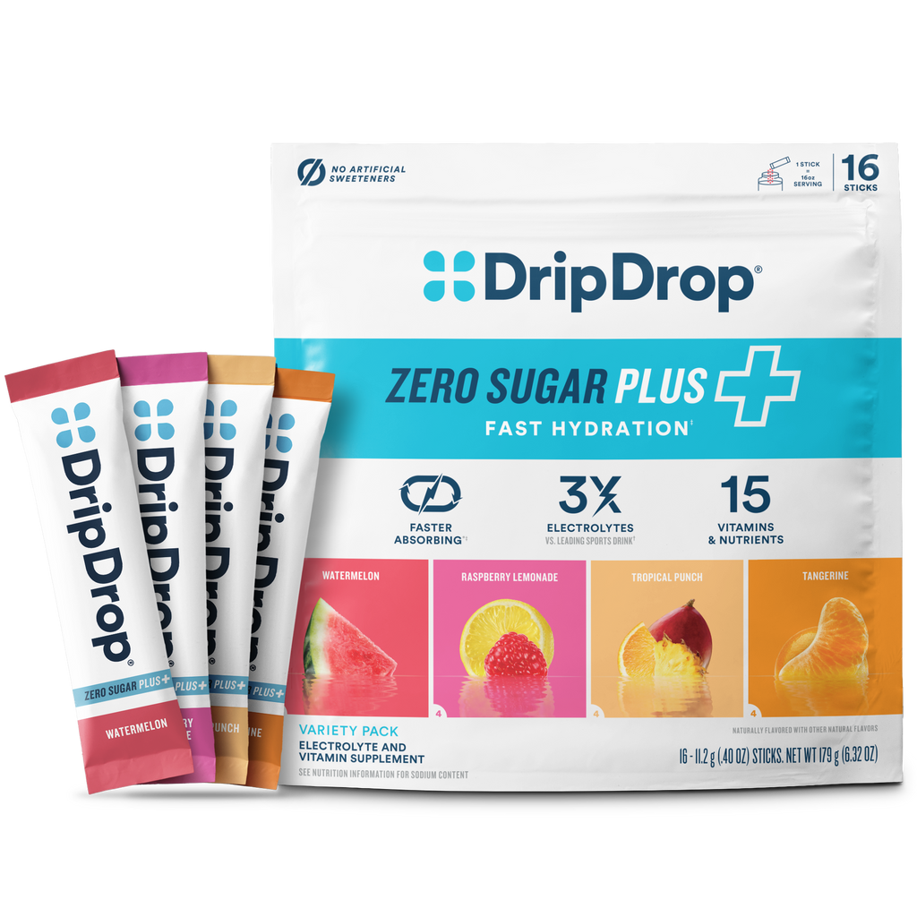 DripDrop Zero Sugar Plus, Watermelon, Tangerine, Tropical Punch, Raspberry Lemonade, 16 oz sticks, 16 count D4
