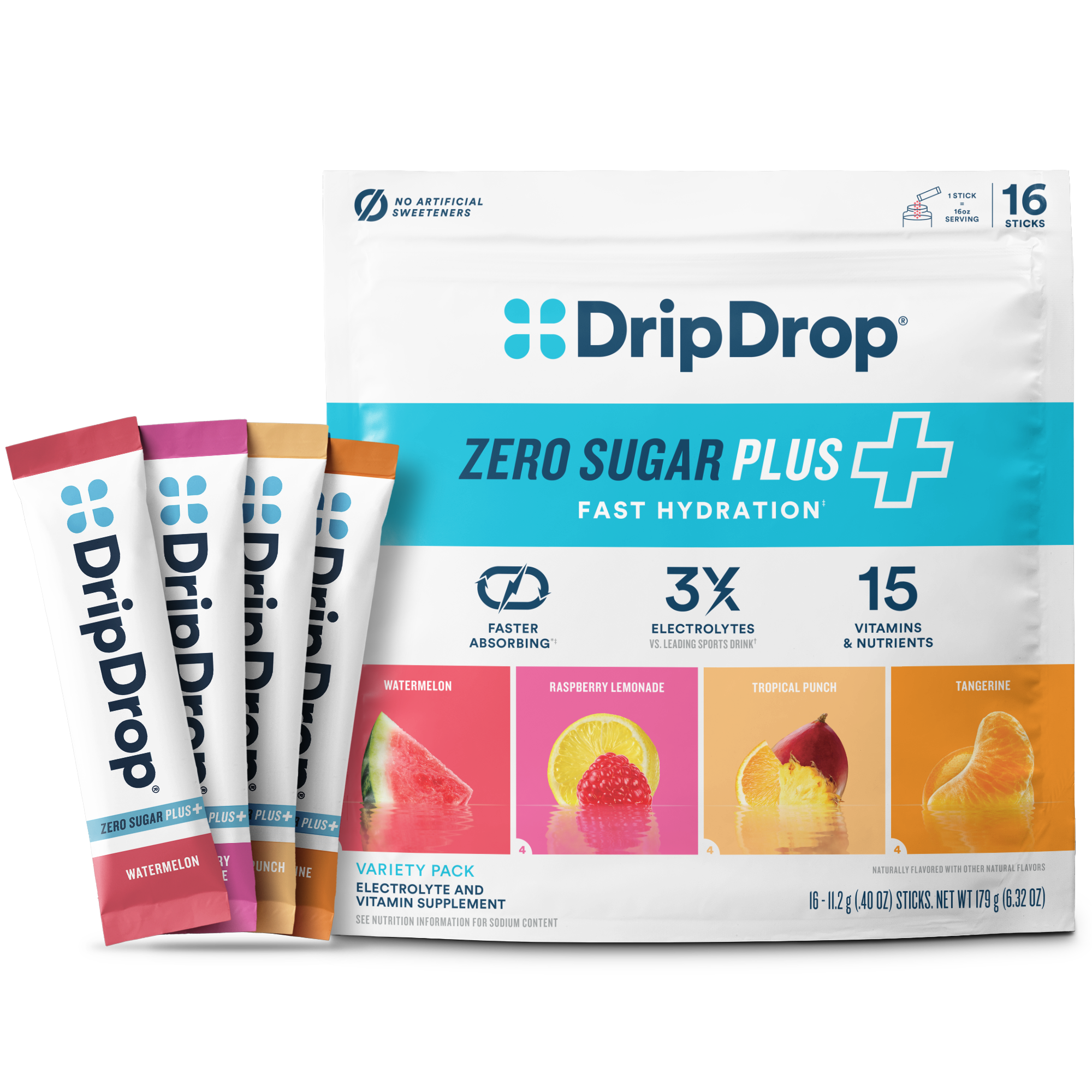 DripDrop Zero Sugar Plus, Watermelon, Tangerine, Tropical Punch, Raspberry Lemonade, 16 oz sticks, 16 count D4