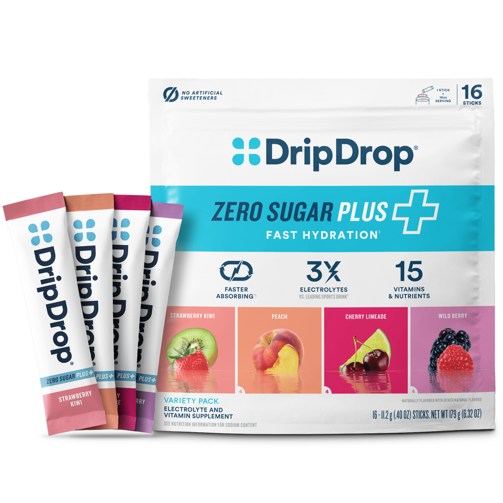DripDrop Zero Sugar Plus, Strawberry Kiwi, Peach, Cherry Limeade, Wild Berry, 16 oz sticks, 16 count B4