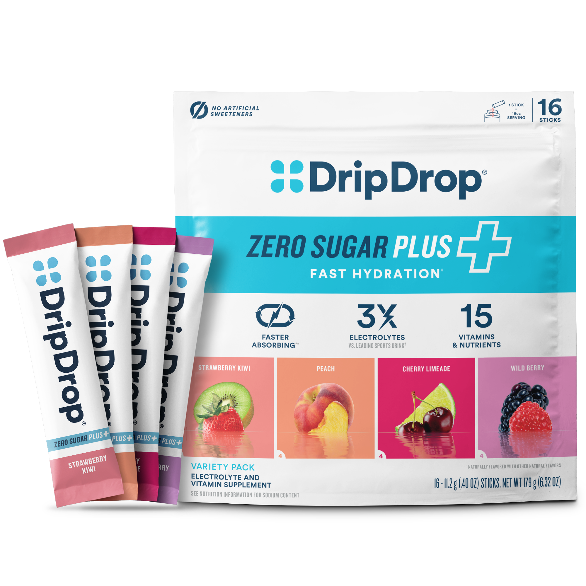 DripDrop Zero Sugar Plus, Strawberry Kiwi, Peach, Cherry Limeade, Wild Berry, 16 oz sticks, 16 count B4