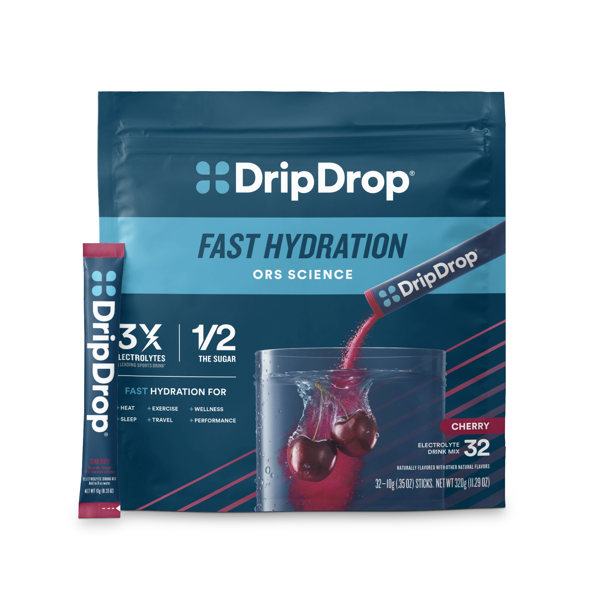 DripDrop Cherry Electrolyte Powder, 8 oz sticks, 32 count E8