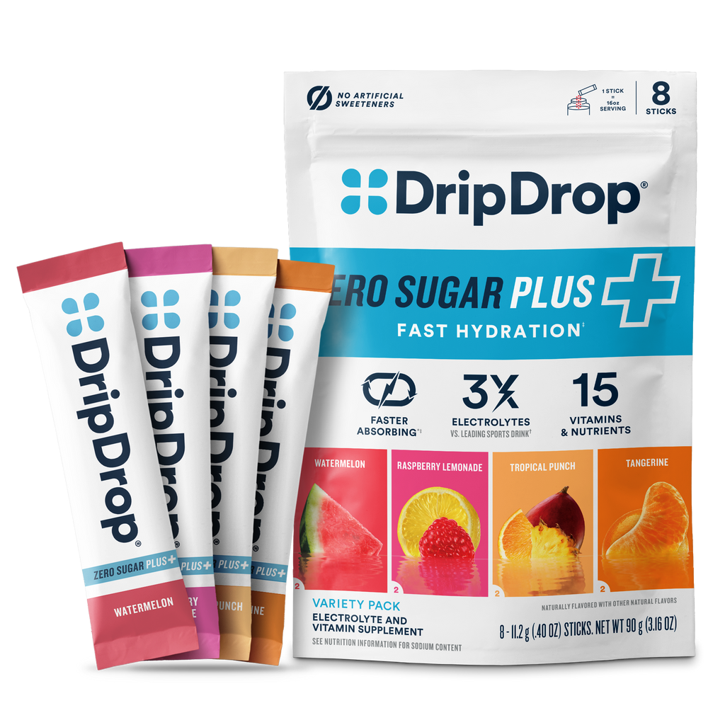 DripDrop Zero Sugar Plus, Watermelon, Tangerine, Tropical Punch, Raspberry Lemonade, 16 oz sticks, 8 count R2