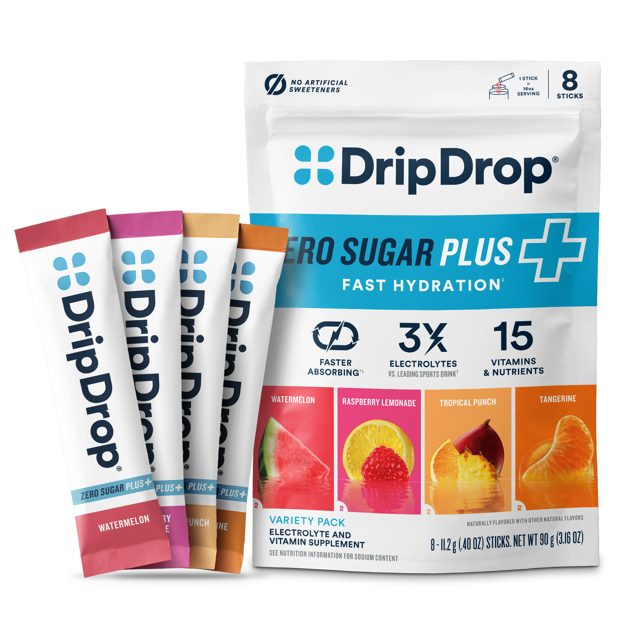 DripDrop Zero Sugar Plus, Watermelon, Tangerine, Tropical Punch, Raspberry Lemonade, 16 oz sticks, 8 count R2