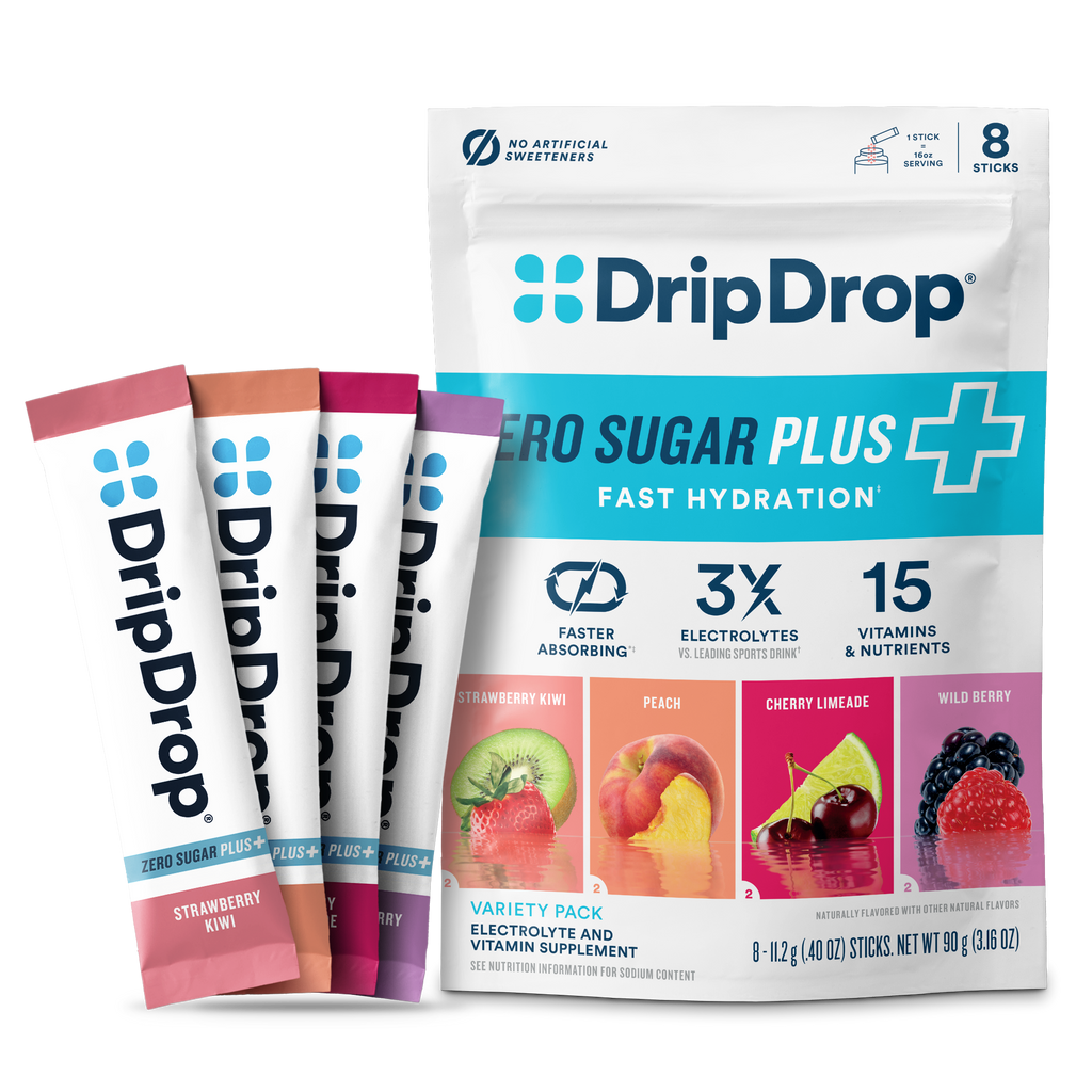 DripDrop Zero Sugar Plus, Strawberry Kiwi, Peach, Cherry Limeade, Wild Berry, 16 oz sticks, 8 count V4