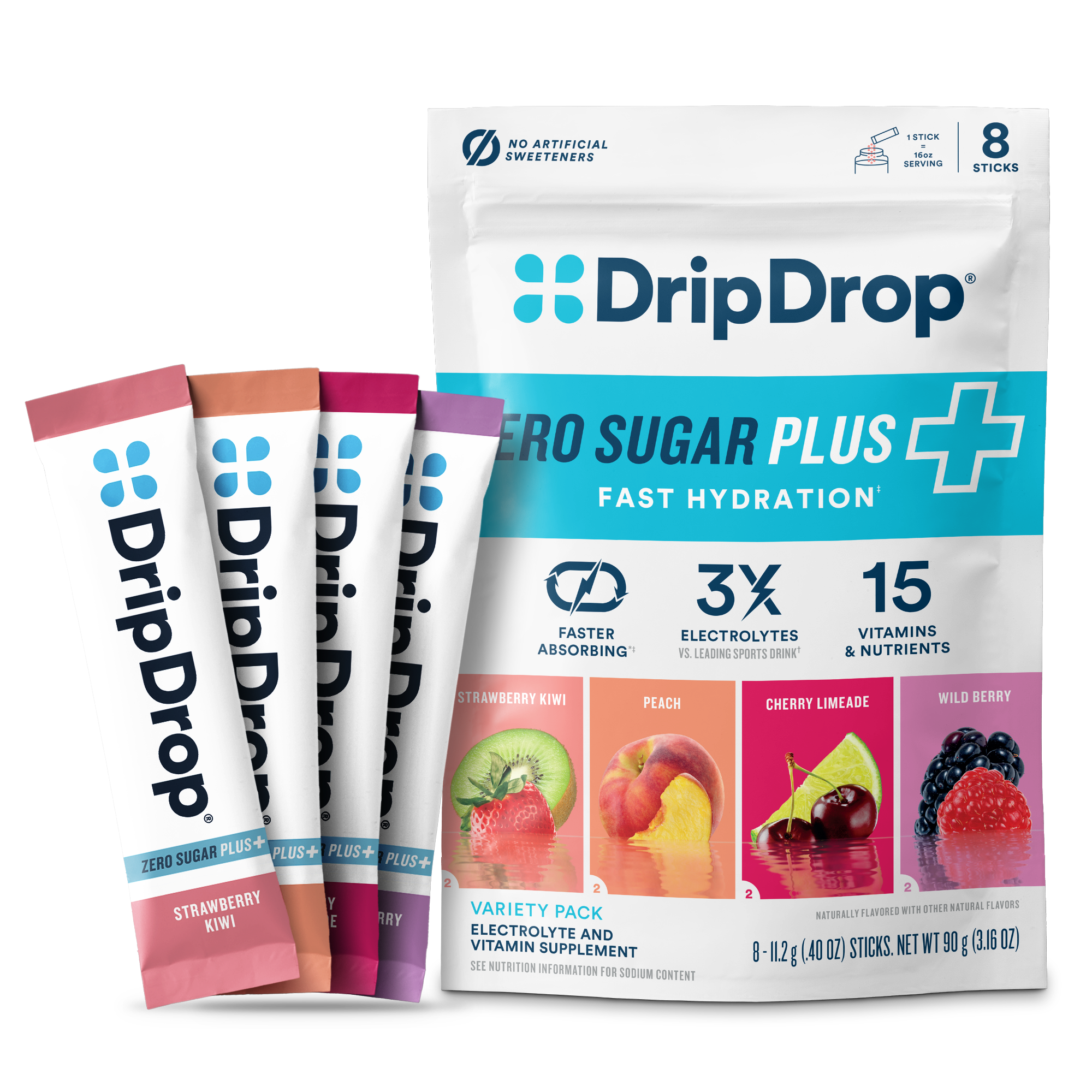 DripDrop Zero Sugar Plus, Strawberry Kiwi, Peach, Cherry Limeade, Wild Berry, 16 oz sticks, 8 count V4
