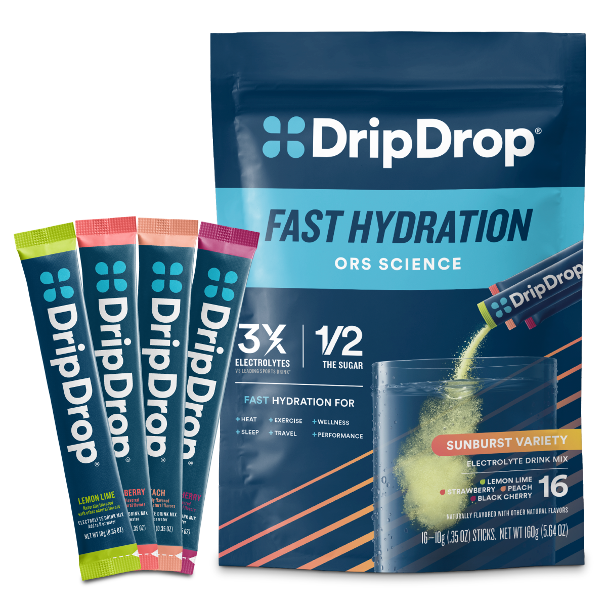 DripDrop Sunburst Variety Pack Electrolyte Powder, 8 oz sticks, 16 count L5