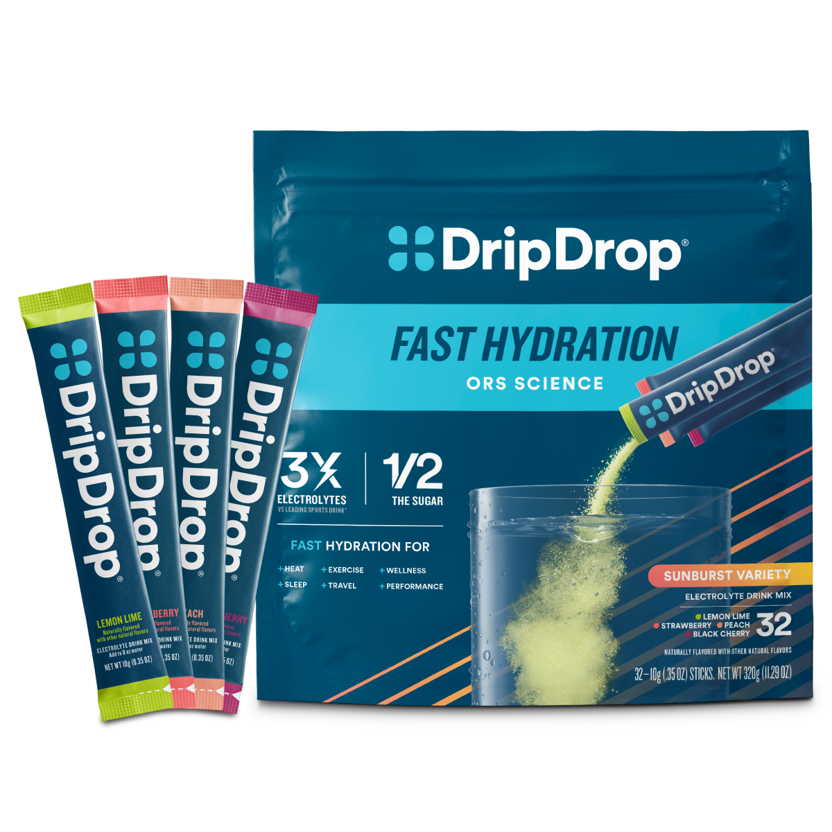 DripDrop Sunburst Variety Pack Electrolyte Powder, 8 oz sticks, 32 count E3
