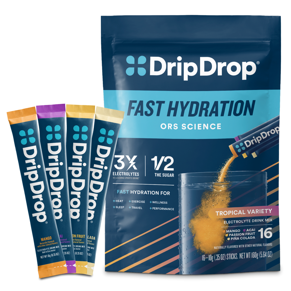 DripDrop Tropical Variety Pack Electrolyte Powder, 8 oz sticks, 16 count N6
