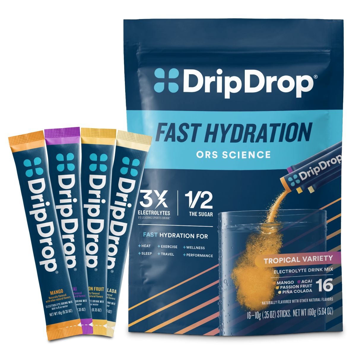 DripDrop Tropical Variety Pack Electrolyte Powder, 8 oz sticks, 16 count N6