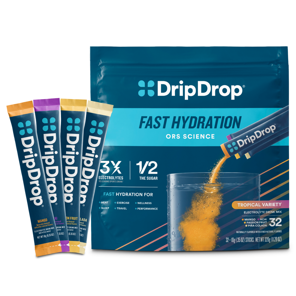 DripDrop Tropical Variety Pack Electrolyte Powder, 8 oz sticks, 32 count W0