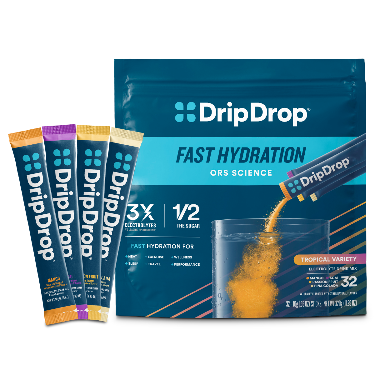 DripDrop Tropical Variety Pack Electrolyte Powder, 8 oz sticks, 32 count W0