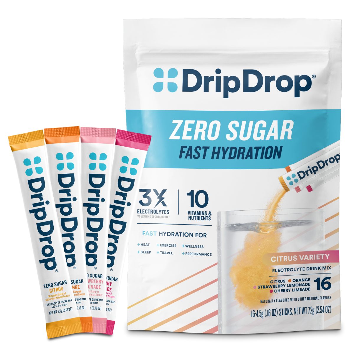 DripDrop Zero Sugar Citrus Variety Pack Electrolyte Powder, 8 oz sticks, 16 count Z9