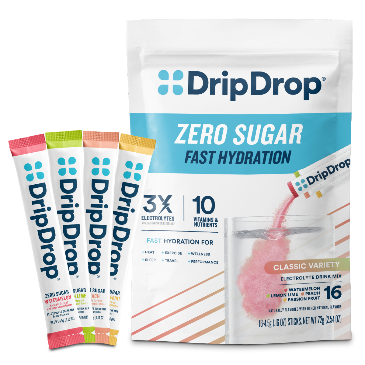 DripDrop Zero Sugar Classic Variety Pack Electrolyte Powder, 8 oz sticks, 16 count A7
