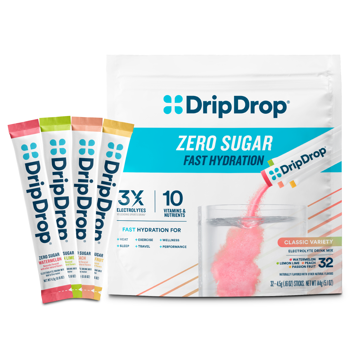 DripDrop Zero Sugar Classic Variety Pack Electrolyte Powder, 8 oz sticks, 32 count V5