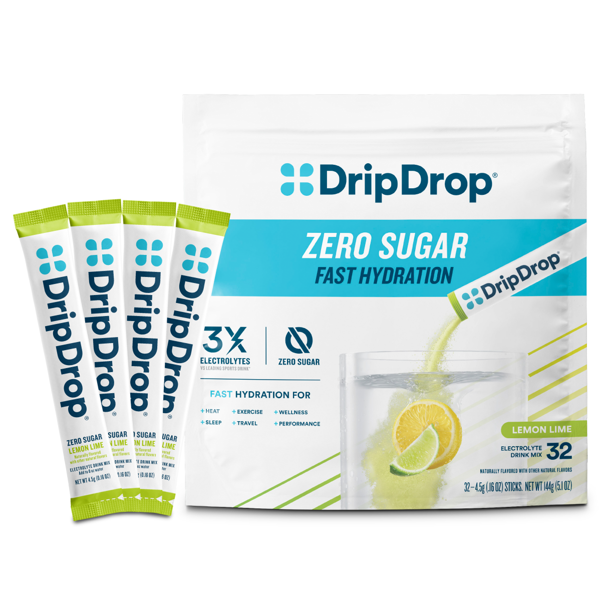 DripDrop Zero Sugar Lemon Lime Electrolyte Powder, 8 oz sticks, 32 count Z5