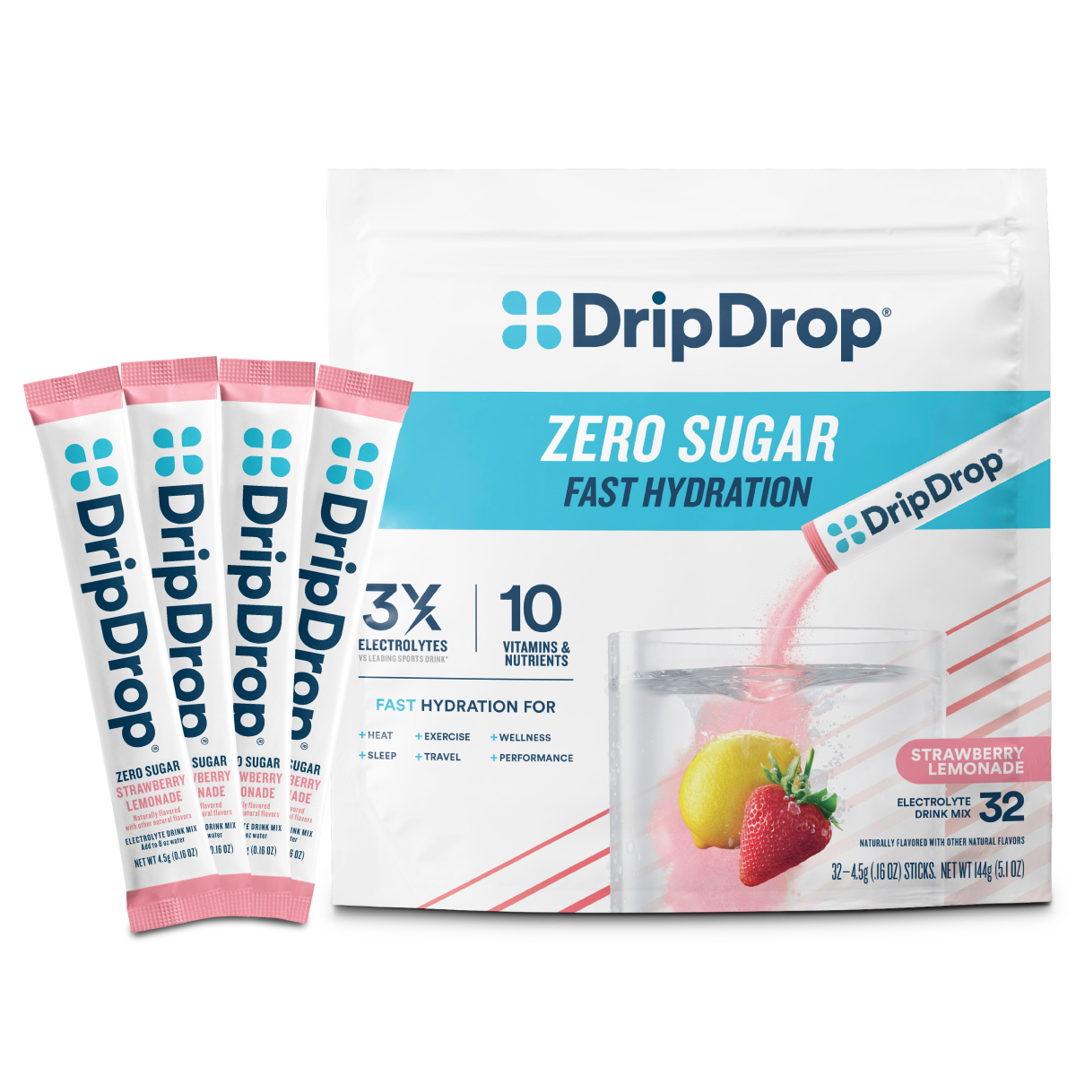 DripDrop Zero Sugar Strawberry Lemonade Electrolyte Powder, 8 oz sticks, 32 count M8