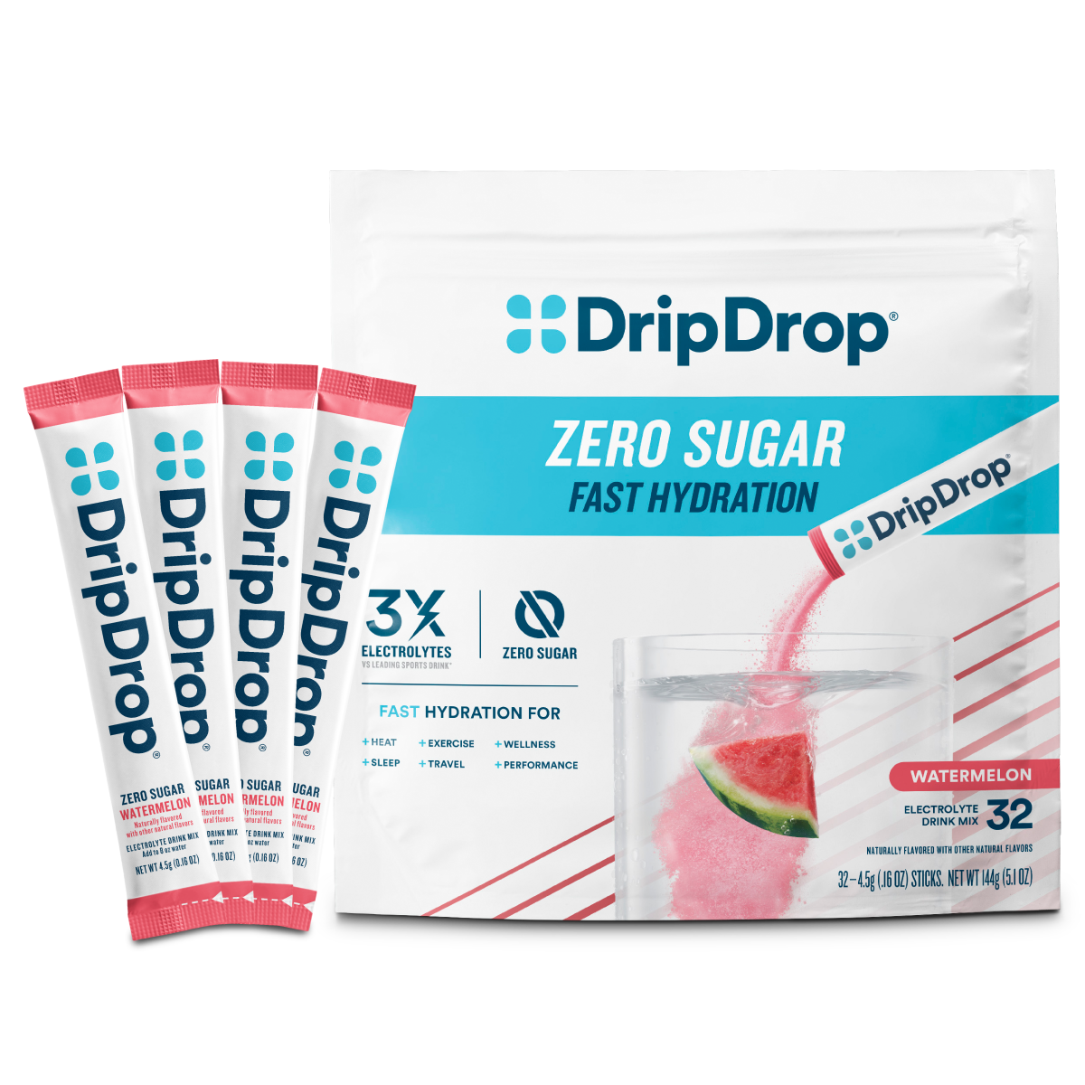 DripDrop Zero Sugar Watermelon Electrolyte Powder, 8 oz sticks, 32 count R3