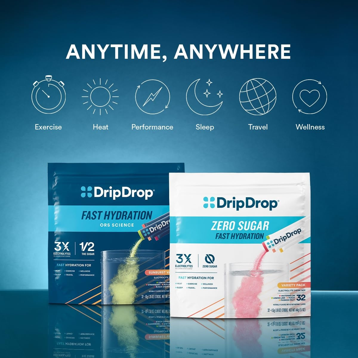 DripDrop Sunburst Variety Pack Electrolyte Powder, 8 oz sticks, 32 count E3