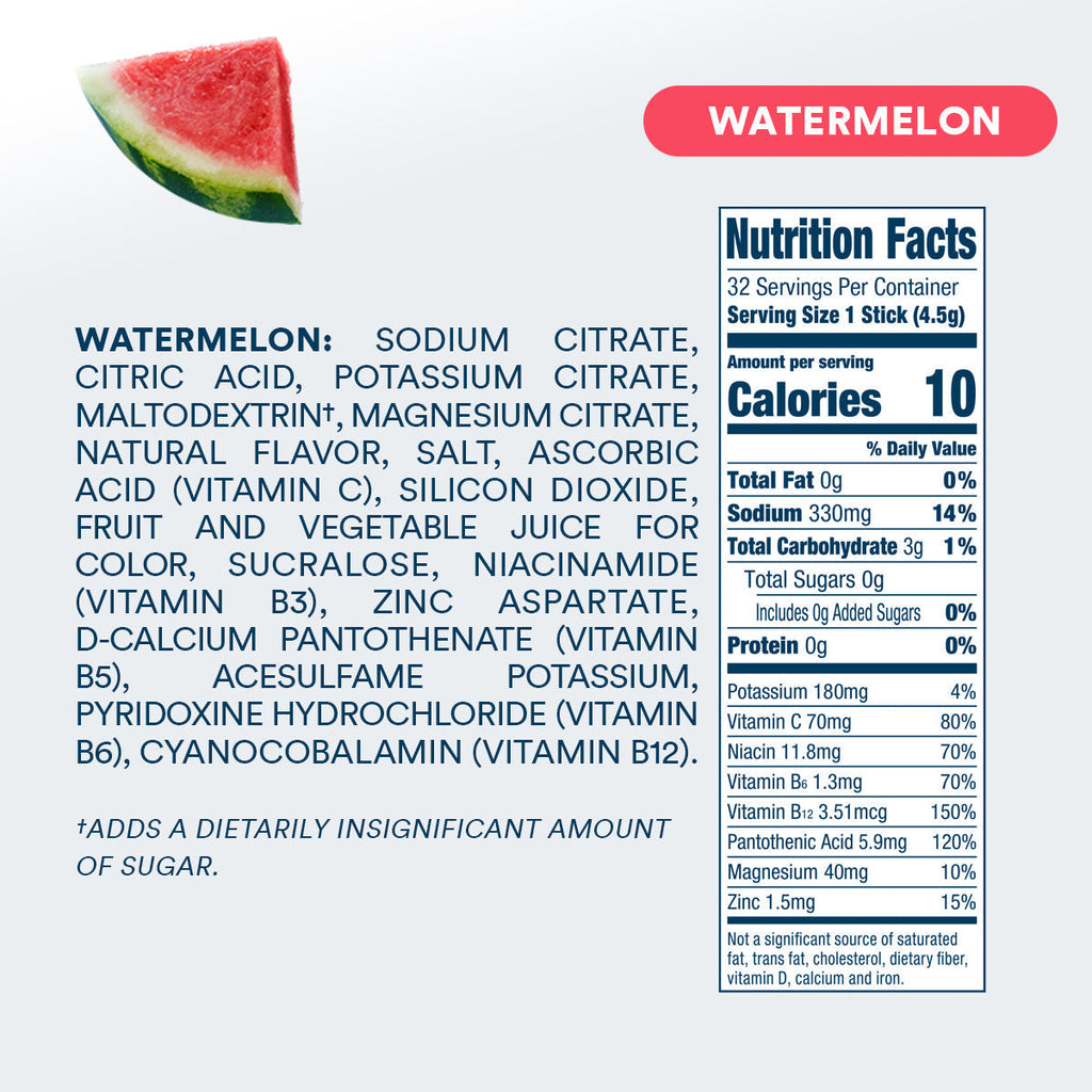 DripDrop Zero Sugar Watermelon Electrolyte Powder, 8 oz sticks, 32 count R3