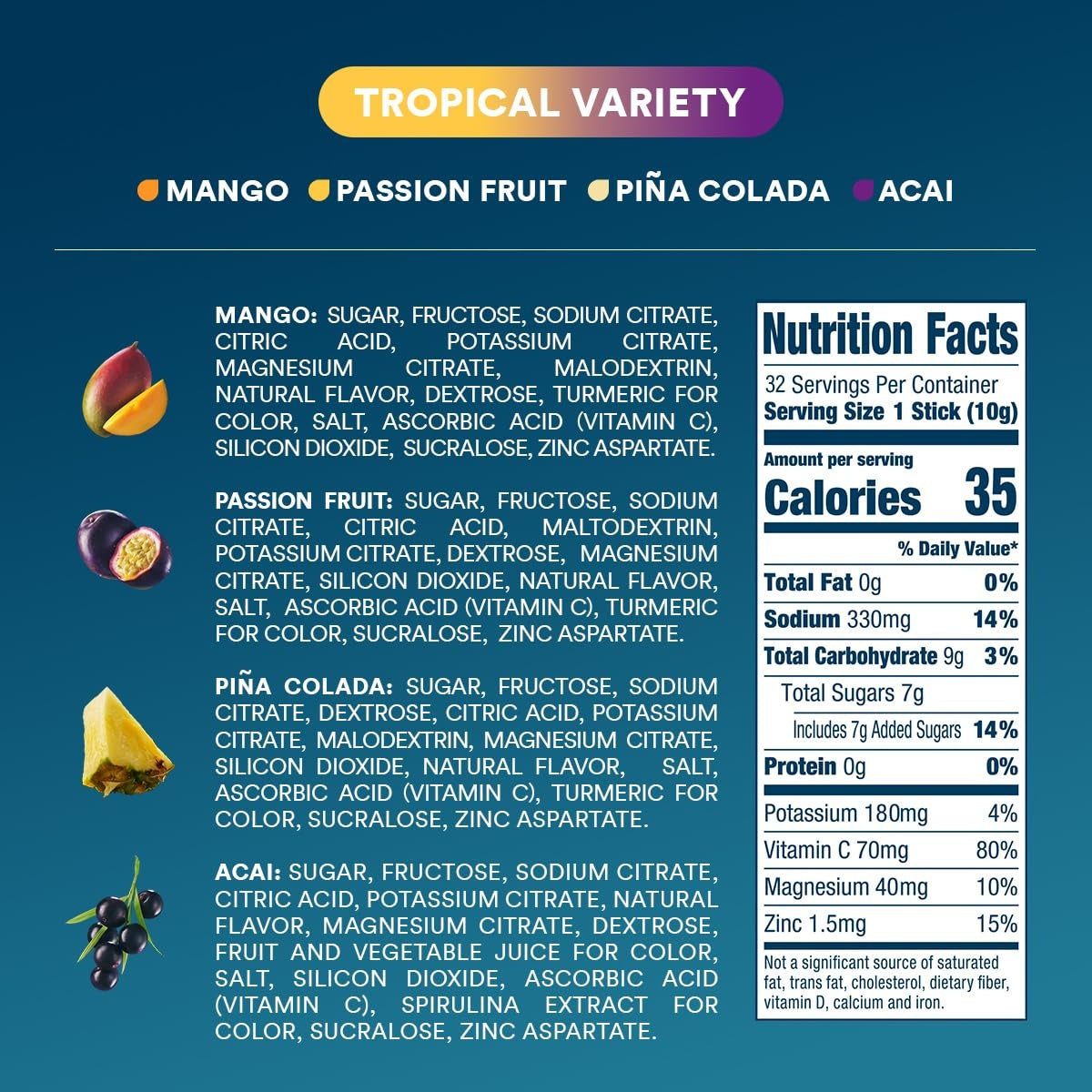 DripDrop Tropical Variety Pack Electrolyte Powder, 8 oz sticks, 32 count W0