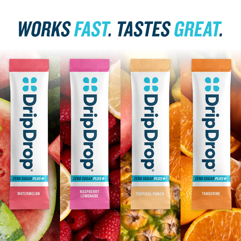 DripDrop Zero Sugar Plus, Watermelon, Tangerine, Tropical Punch, Raspberry Lemonade, 16 oz sticks, 16 count D4
