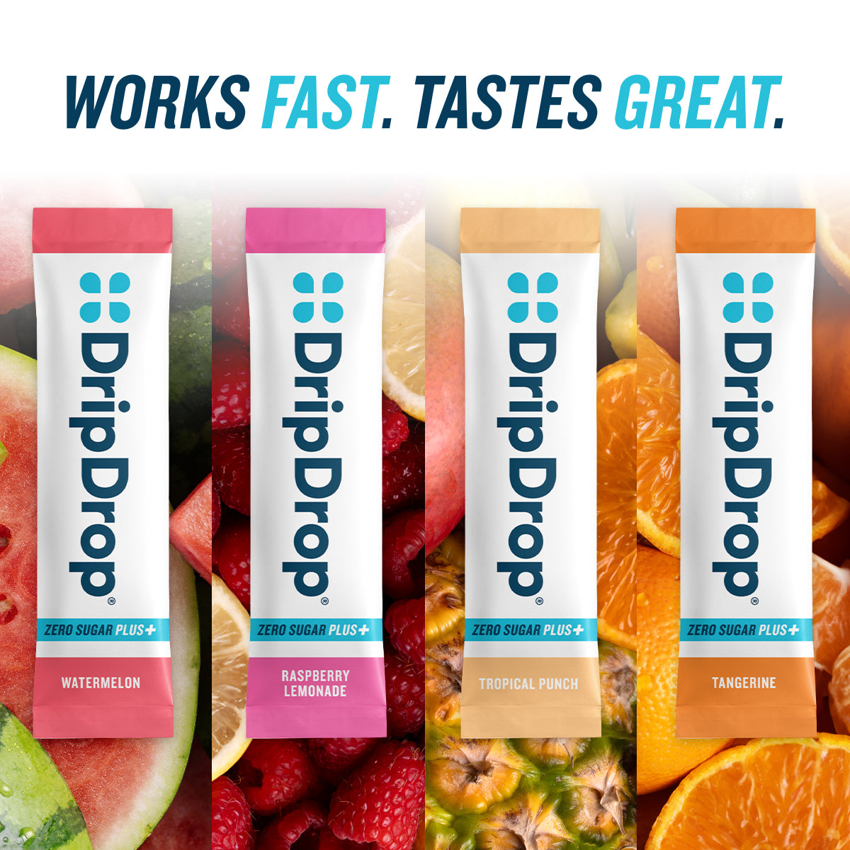 DripDrop Zero Sugar Plus, Watermelon, Tangerine, Tropical Punch, Raspberry Lemonade, 16 oz sticks, 16 count D4